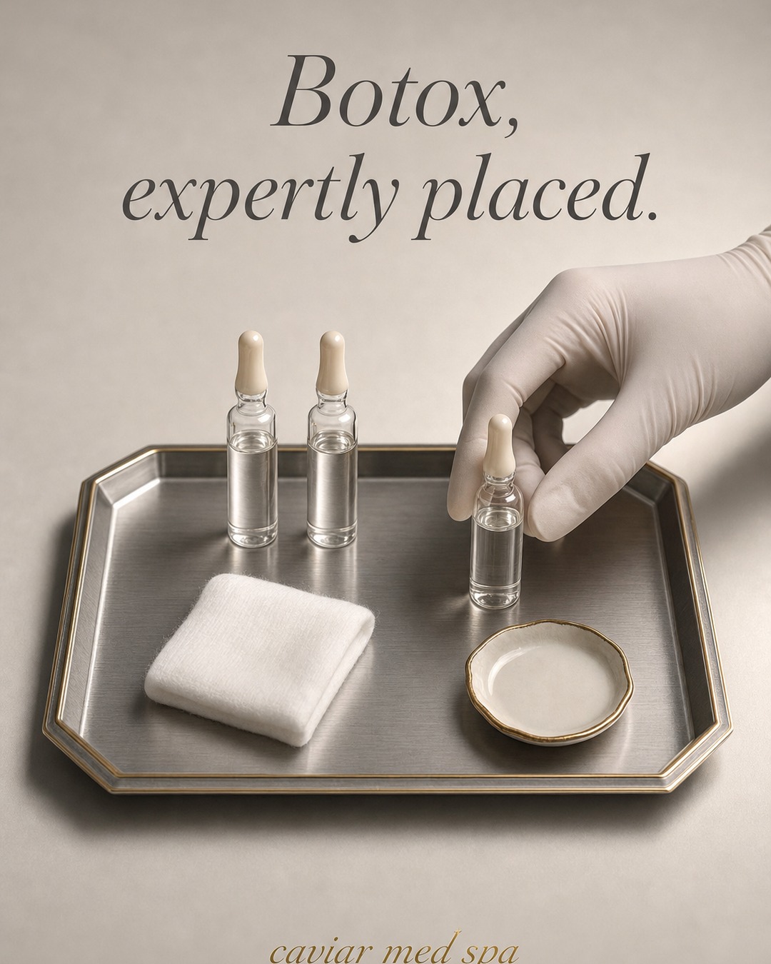 Caviar Med Spa B1 — Brushed steel tray with cosmetic ampoules and gloved hand