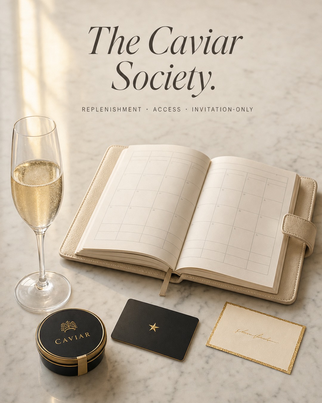 Caviar Med Spa B3 — Cream leather agenda open on marble with champagne flute and members card